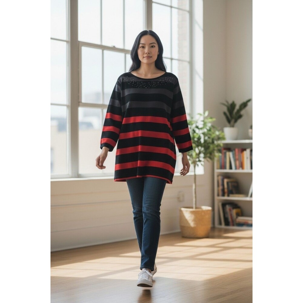 Weekends By Chicos Women's Knit Top Red Black Striped Rhinestones  3z (16/18 XL)